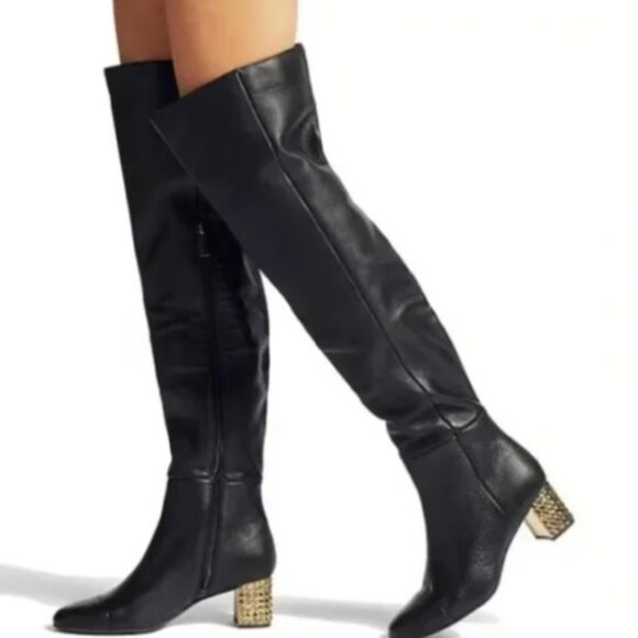 NEW Kurt Geiger Mayfair 55 black leather Over the Knee Heel Boots SZ 38.5 US 8 - Picture 1 of 8